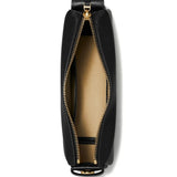 Close up of black bags, showing texture of the calf leather and polyamide and polyurethane fabric