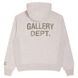 Grey hoodie, back view showing brand logo