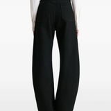 Black pants worn by a person, showing the pants fit