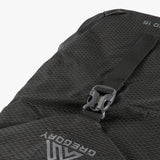 Close up of black backpack, showing texture of the polyester fabric