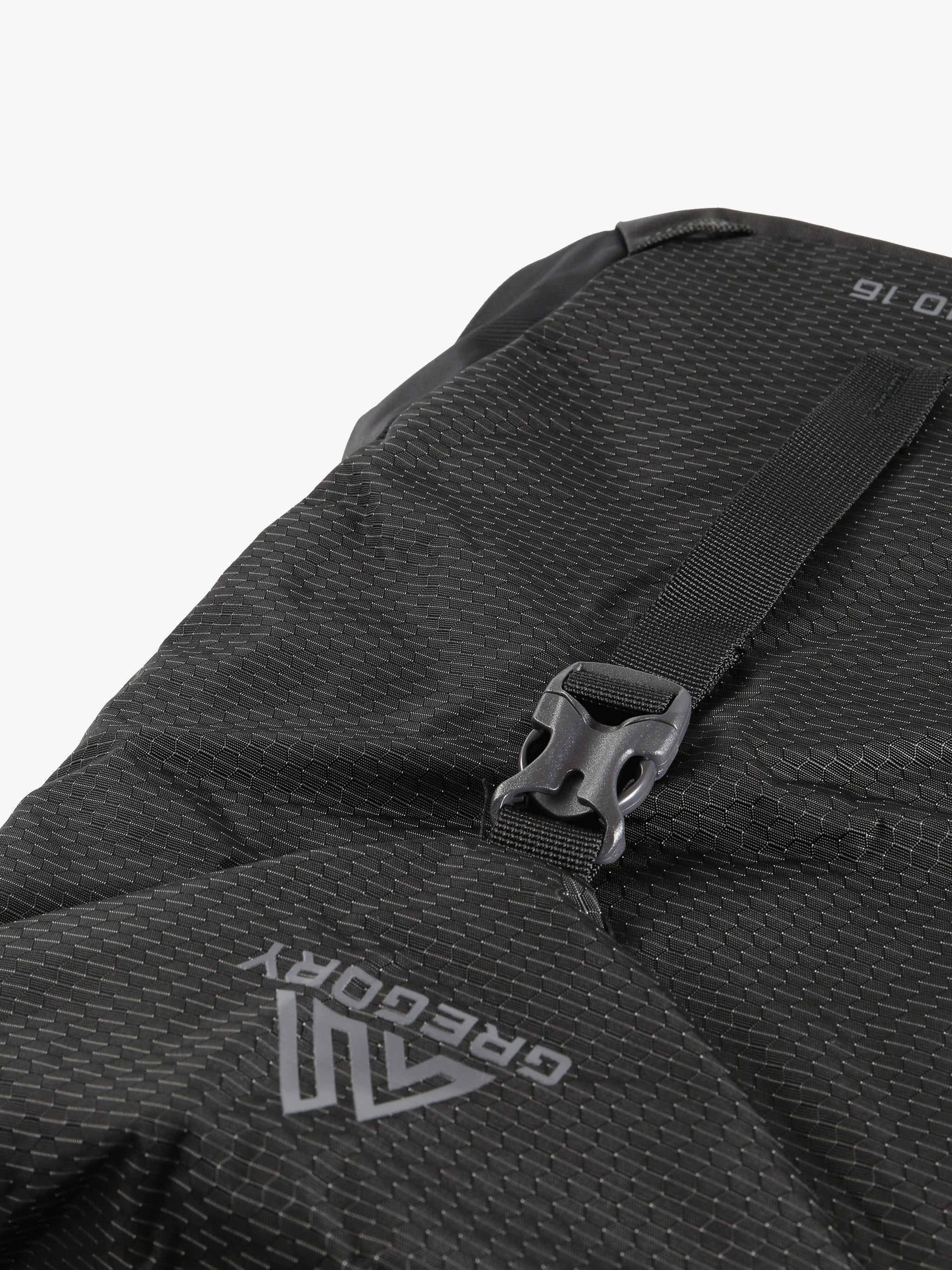 Close up of black backpack, showing texture of the polyester fabric