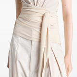 Close up of tan top, showing texture of the Viscose and Elastane  fabric
