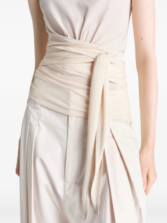 Close up of tan top, showing texture of the Viscose and Elastane  fabric