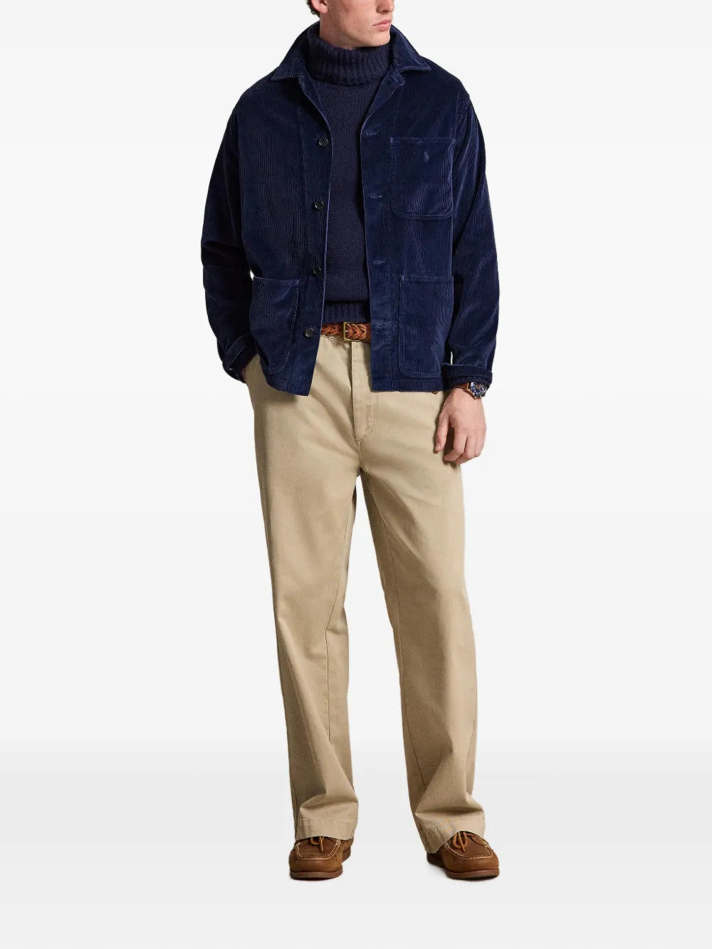 Navy jacket, full body view