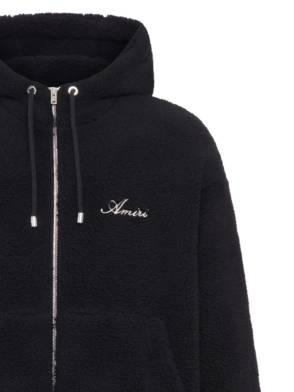 Close up of the black hoodie, showing texture of the polyester fabric