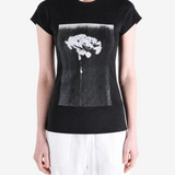 Black t-shirt worn by a person, showing the t-shirt fit