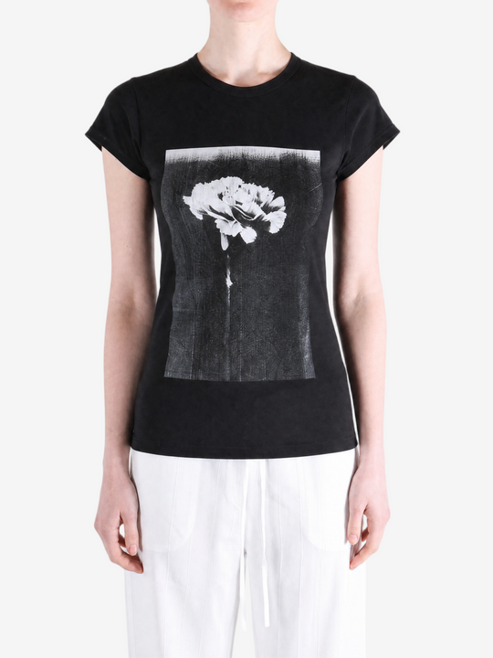 Black t-shirt worn by a person, showing the t-shirt fit