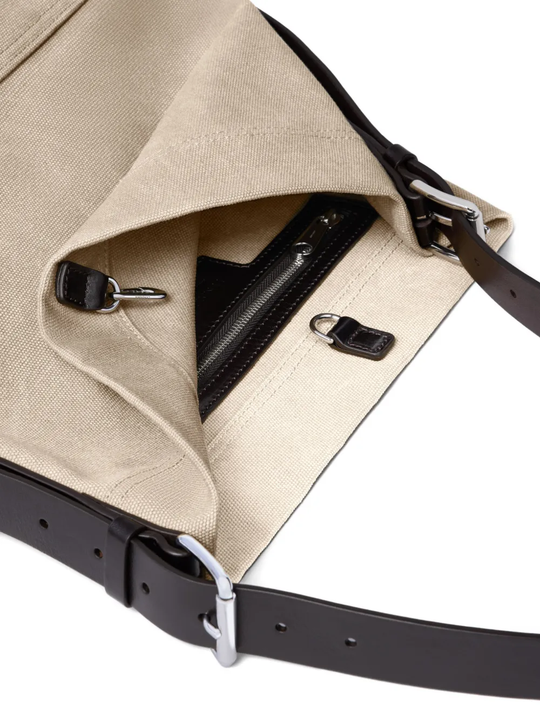 Close up of tan bag, showing texture of the calf leather fabric