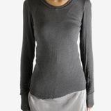 Grey t-shirt worn by a person, showing the shirt's fit