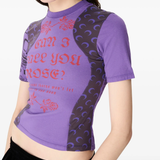 Purple T-shirt worn by a person, showing the T-shirt fit