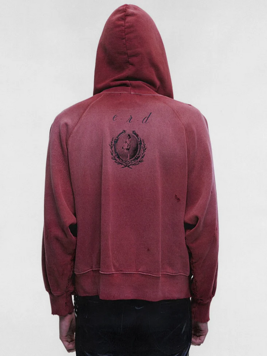 Burgundy hoodie, full body view
