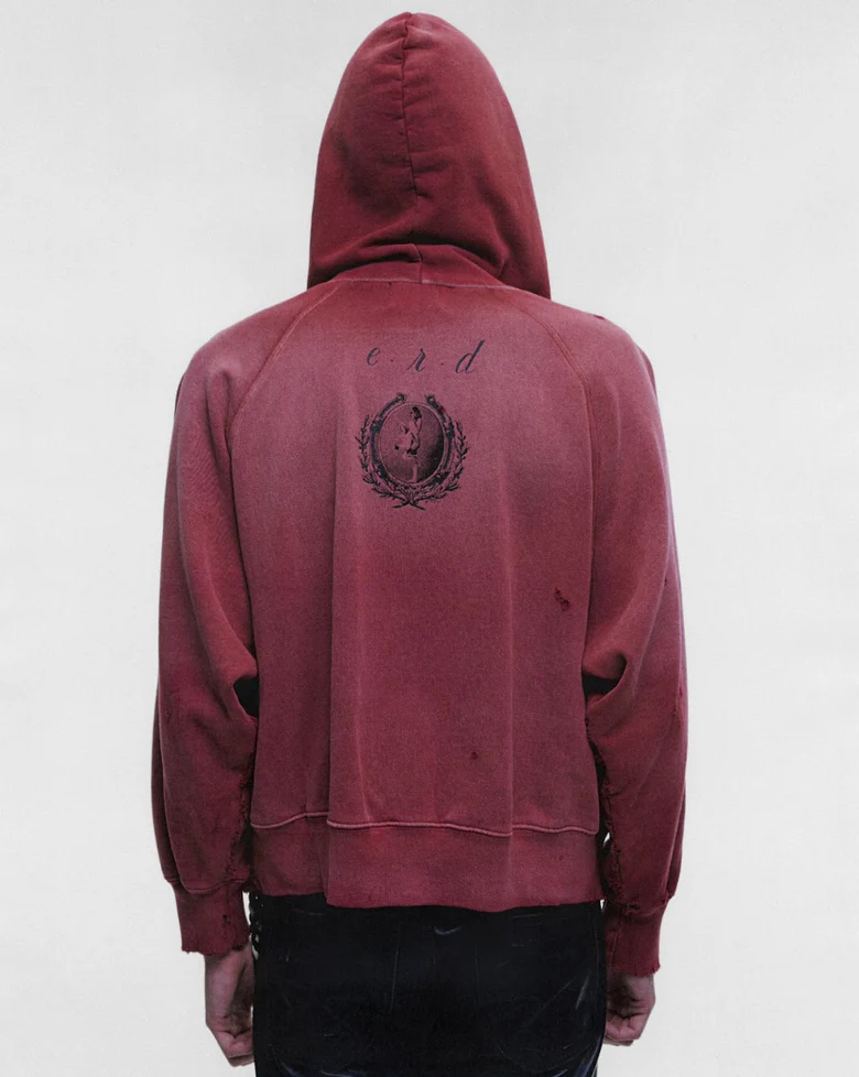 Burgundy hoodie, full body view