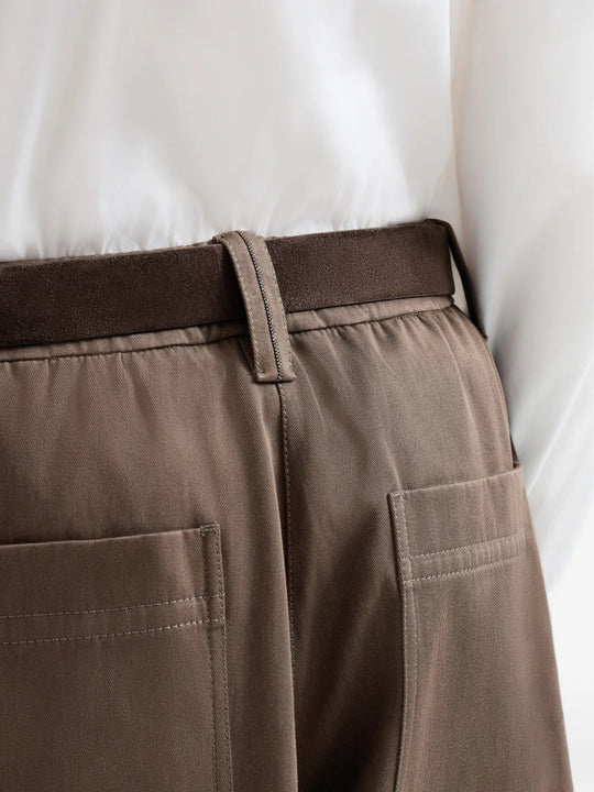 Brown pants worn by a person, showing the pants fit