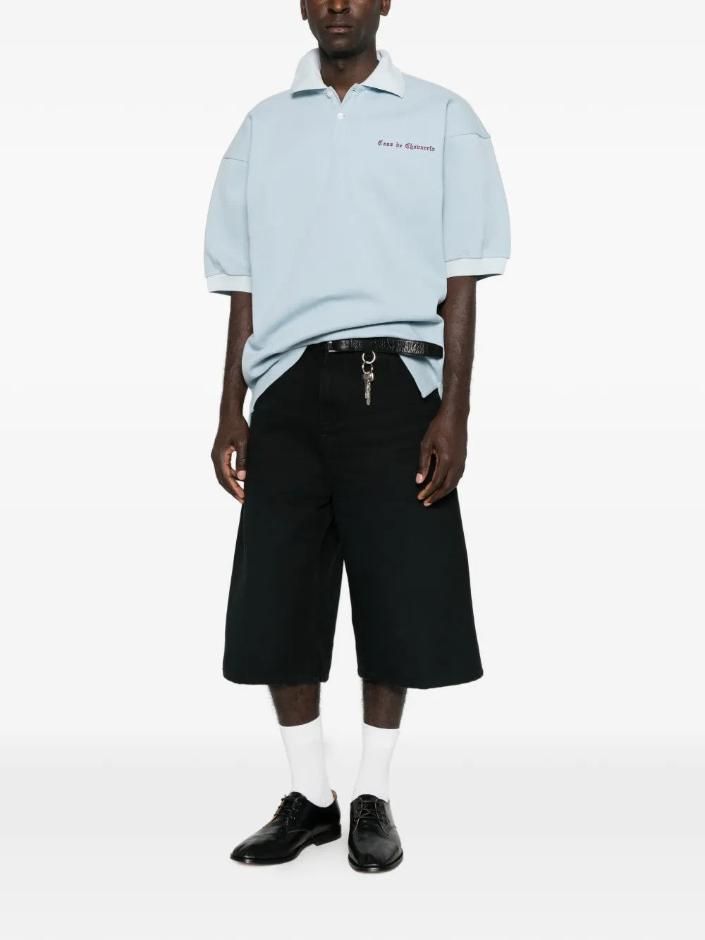 Blue top, full body view