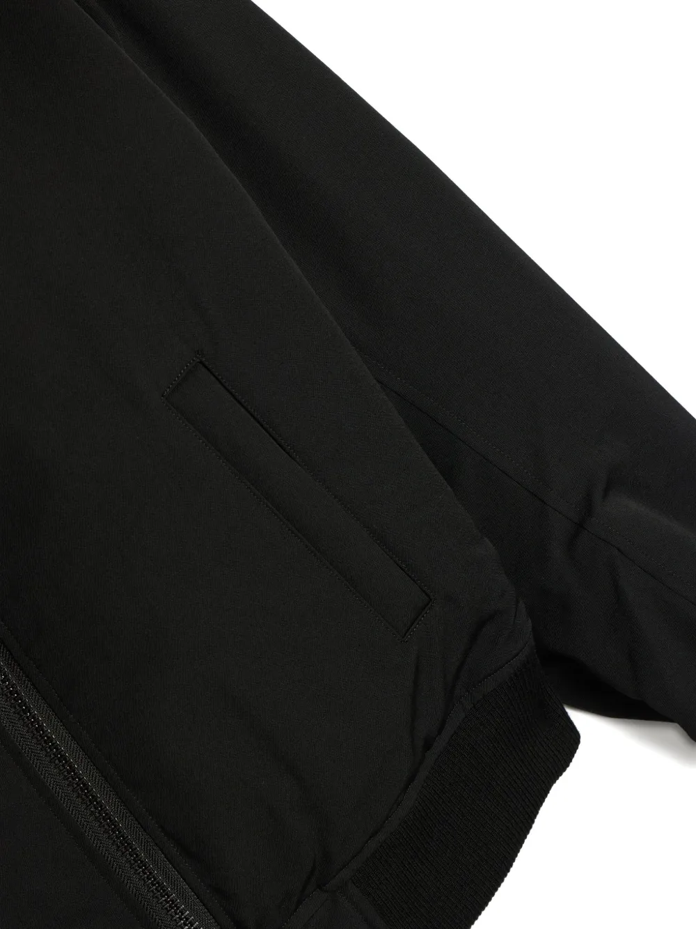 Close up of the black jacket, showing texture of the polyester fabric