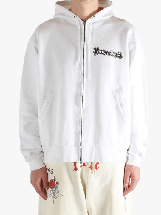 White hoodies worn by a person, showing the hoodies fit