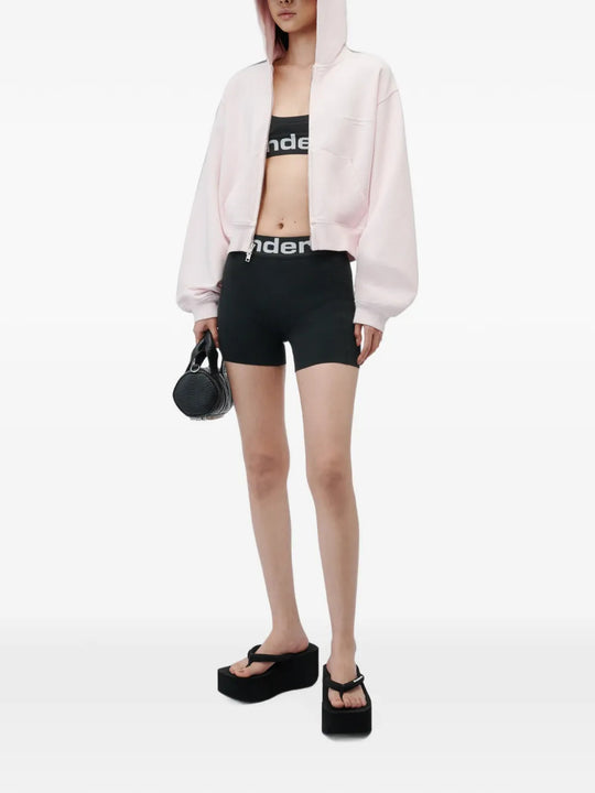 Pink hoodie, full body view