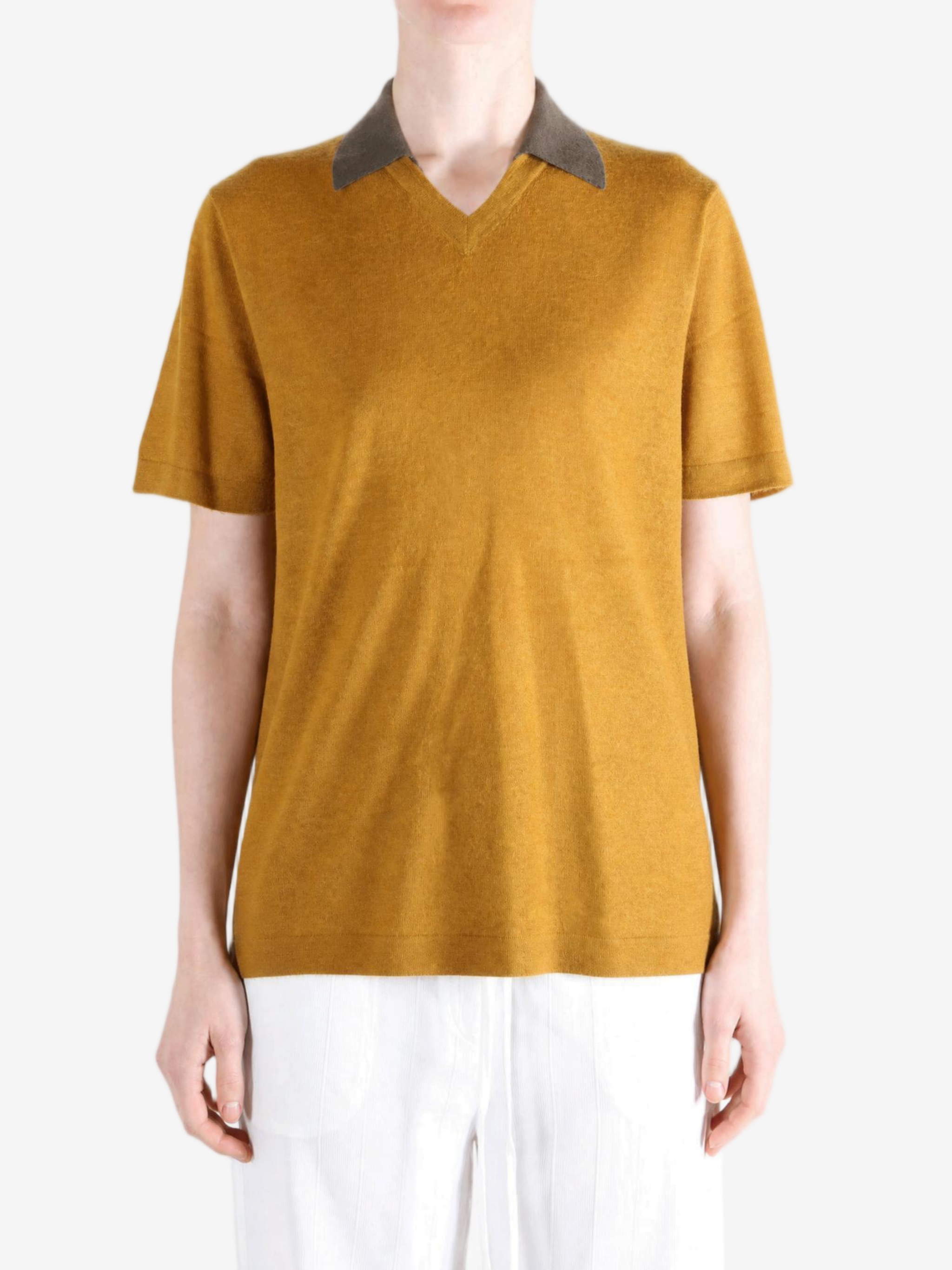 Brown t-shirt worn by a person, showing the t-shirt fit