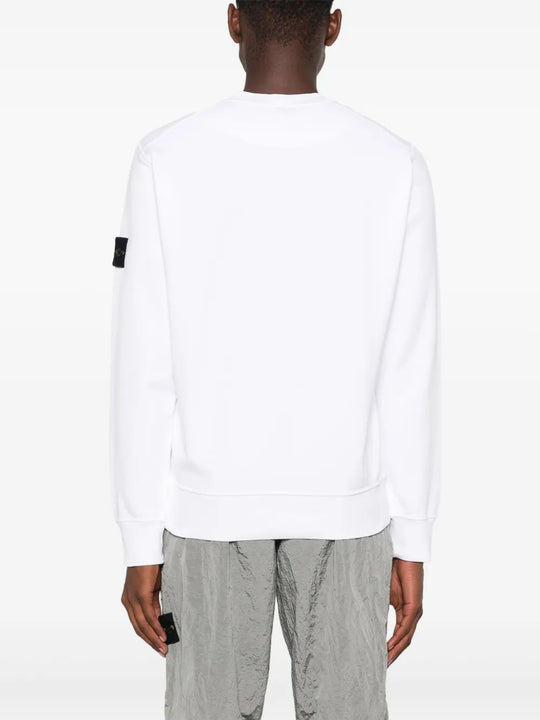 White sweatshirt worn by a person, showing the sweatshirt fit