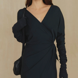 Navy dress, full body view