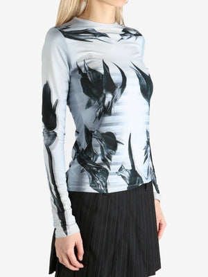 JEAN PAUL GAULTIER - Women Printed "Flower Body Morphing Mariniere" Mesh Long Sleeves Top