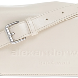 Close up of white handbag,showing texture of the leather fabric.