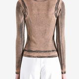Brown t-shirt worn by a person, showing the t-shirt fit