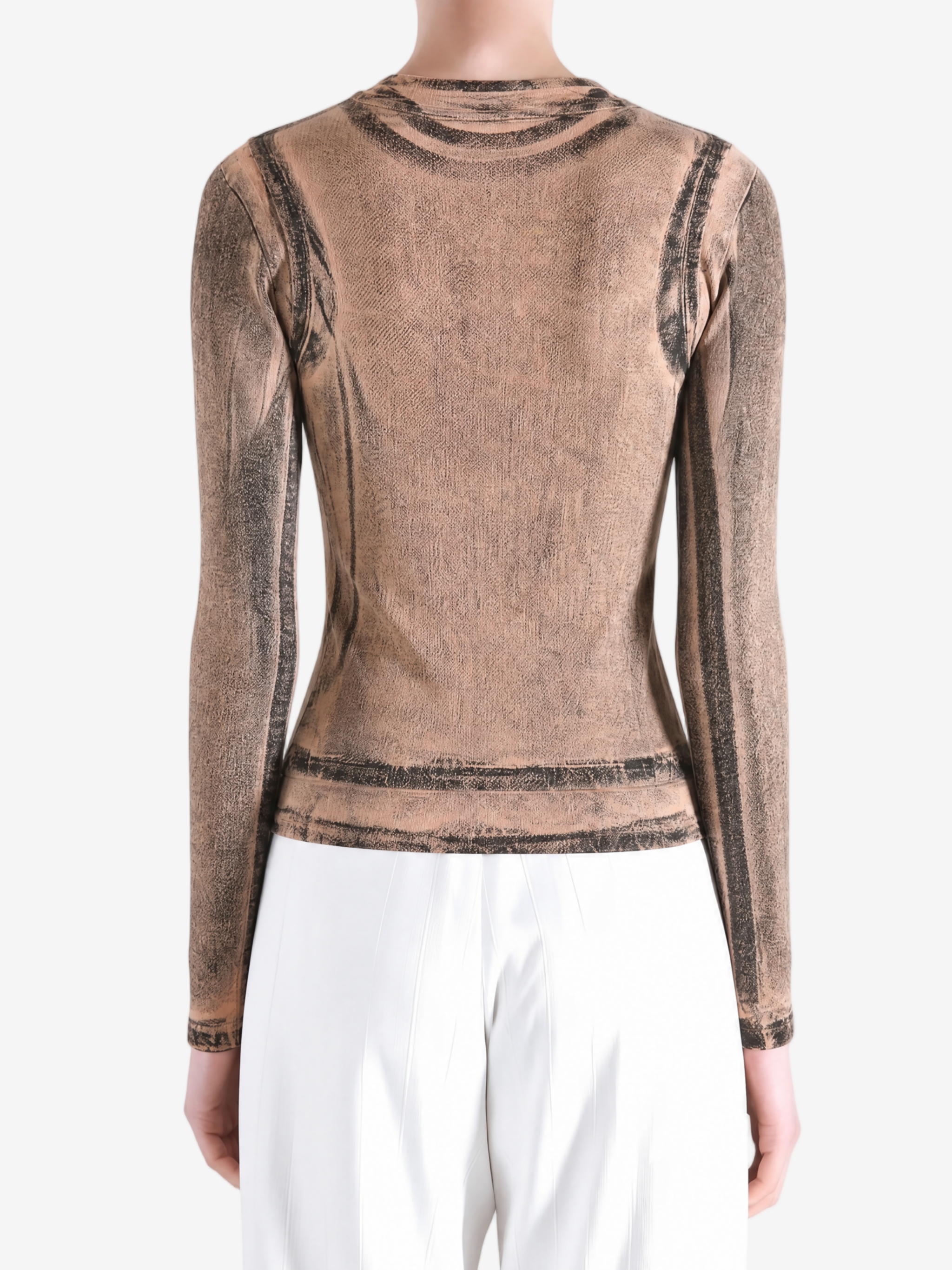 Brown t-shirt worn by a person, showing the t-shirt fit