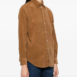 Brown shirt worn by a person, showing the shirt fit