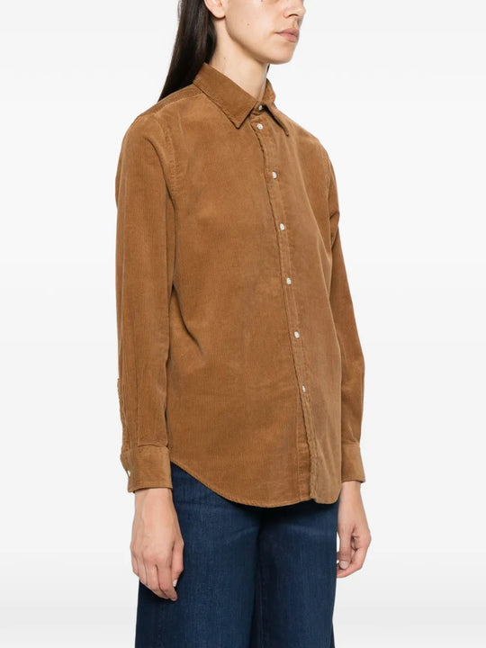 Brown shirt worn by a person, showing the shirt fit