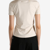 Tan t-shirt worn by a person, showing the  t-shirt fit