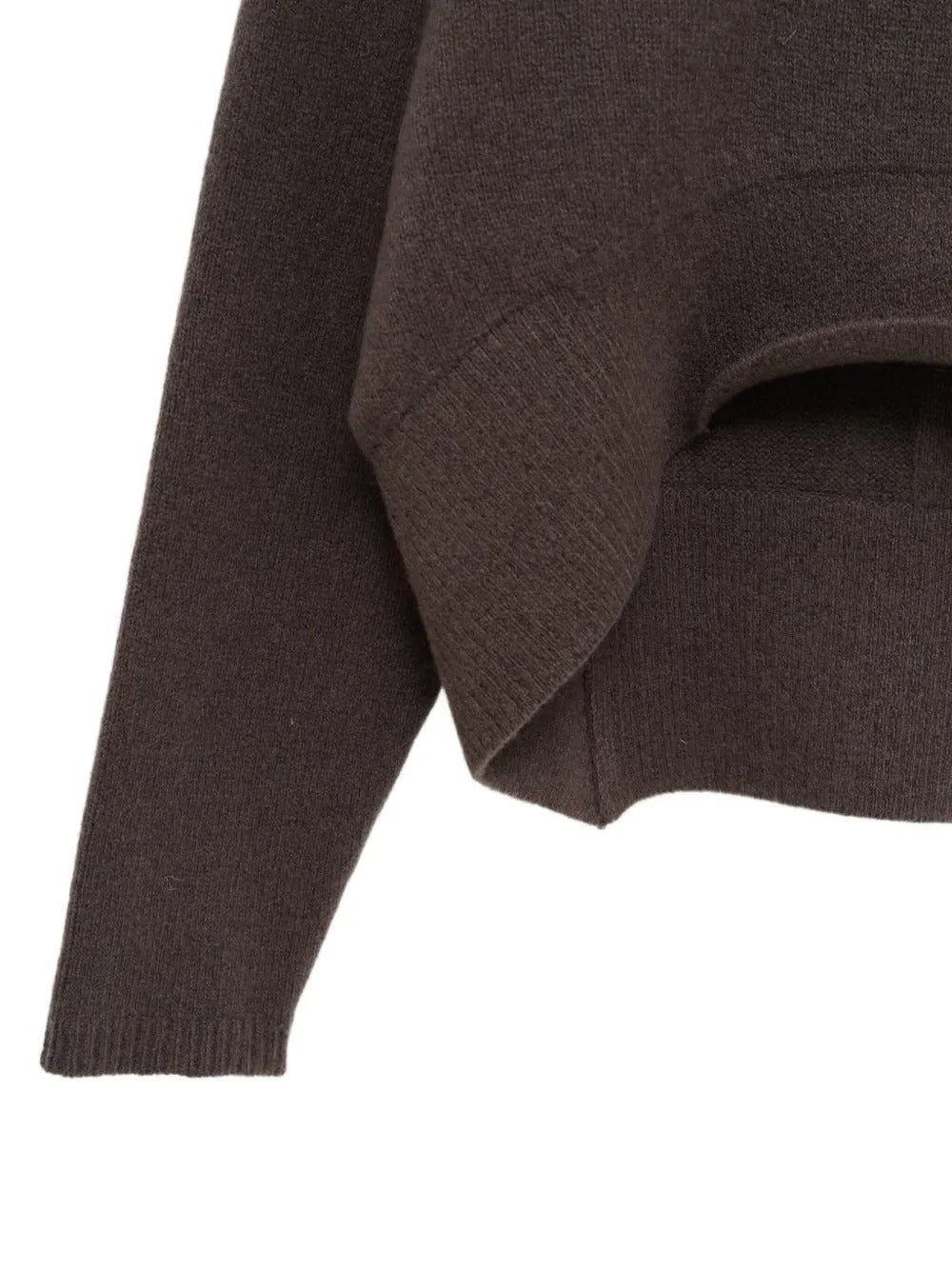 Close up of brown knitwear, showing texture of the cashmere fabric