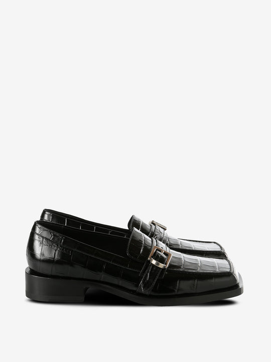 Black loafers, front view