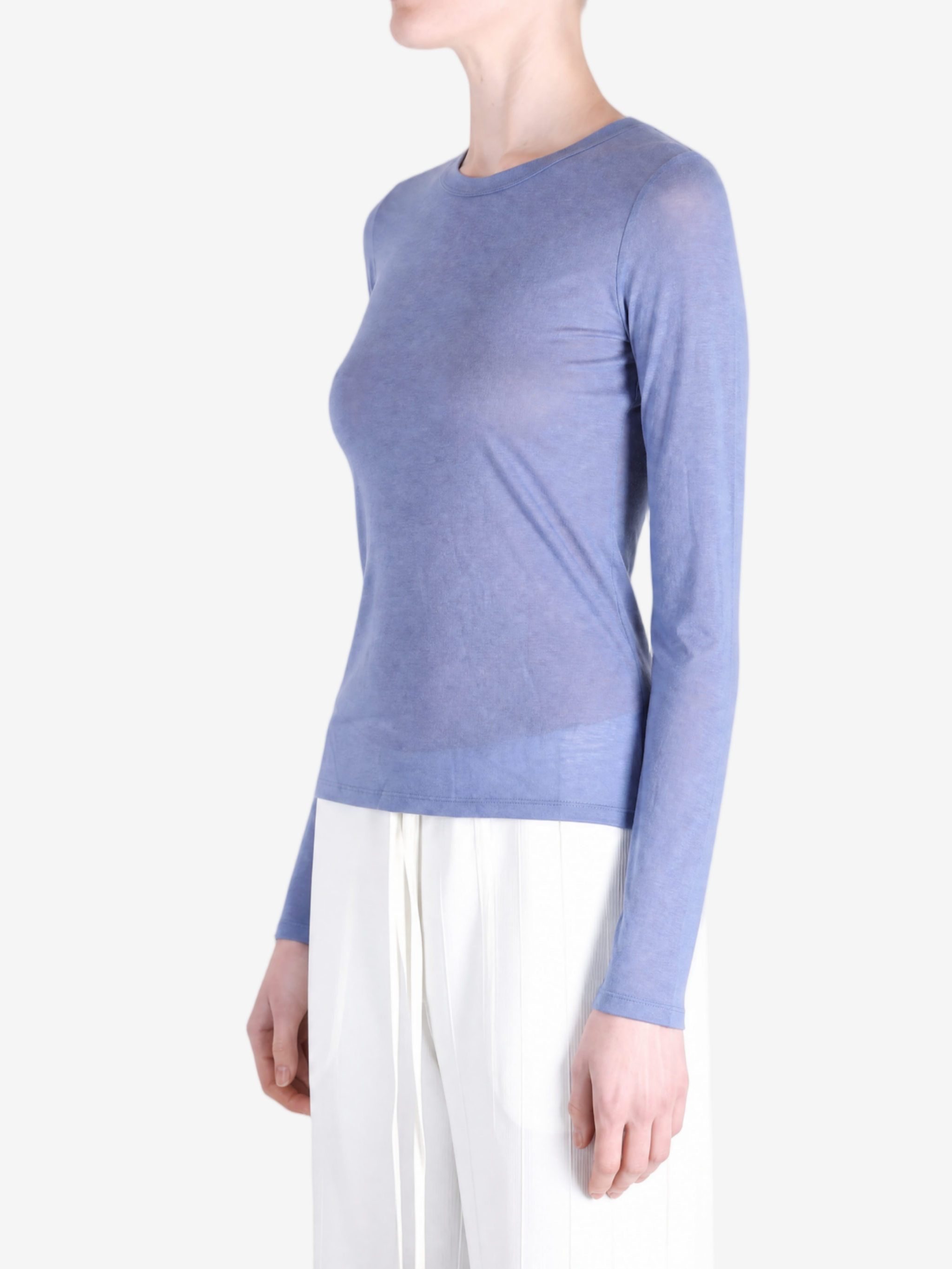 Blue t-shirt worn by a person, showing the t-shirt fit