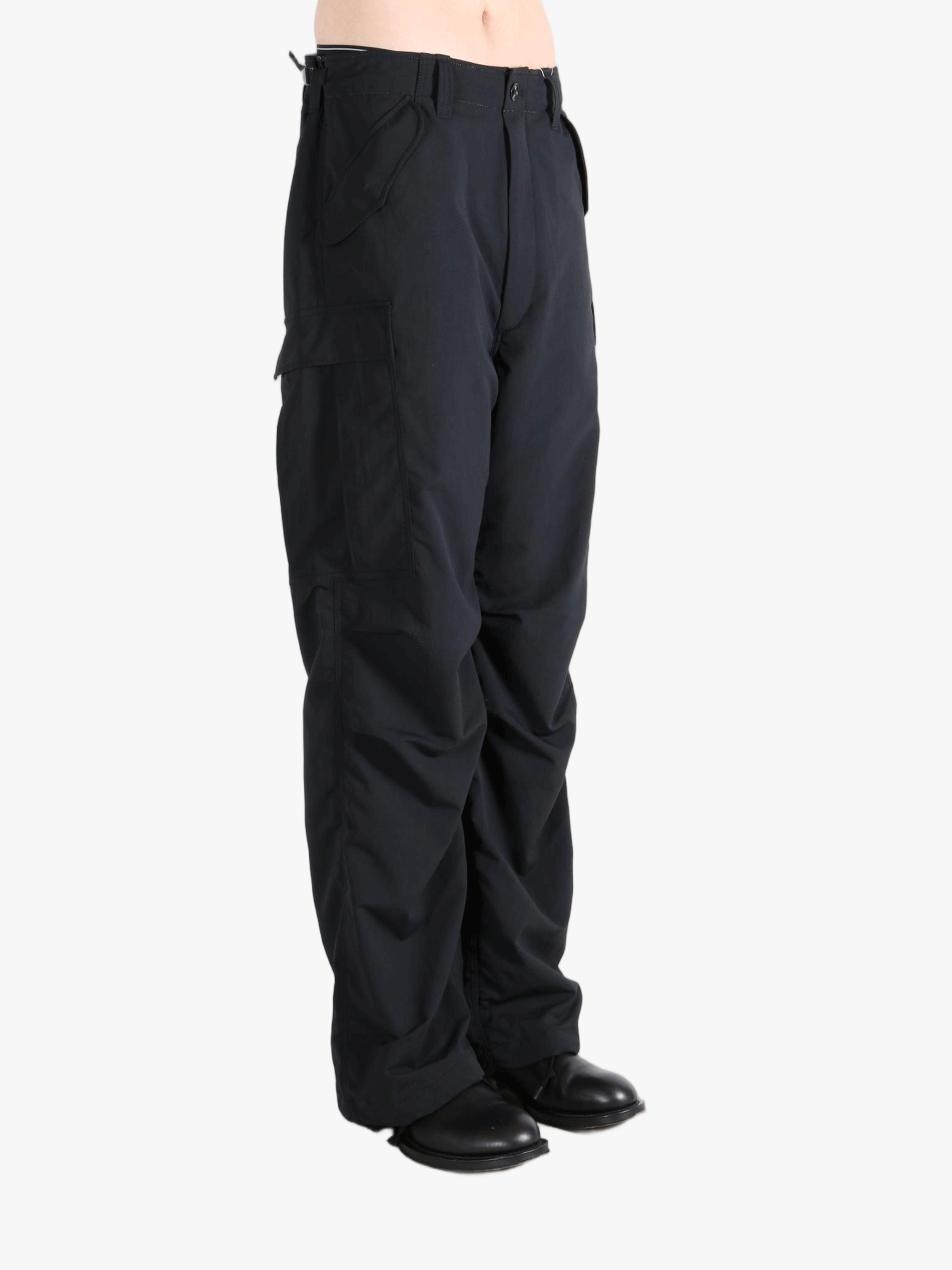 Black pants worn by a person, showing the pants fit