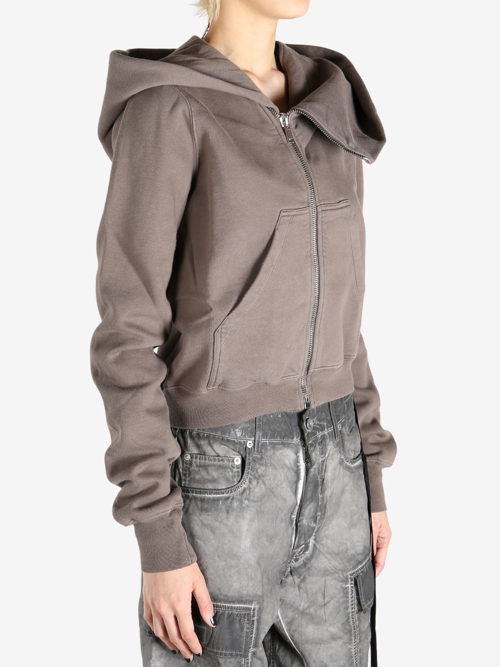 Grey hoodies worn by a person, showing the hoodies fit