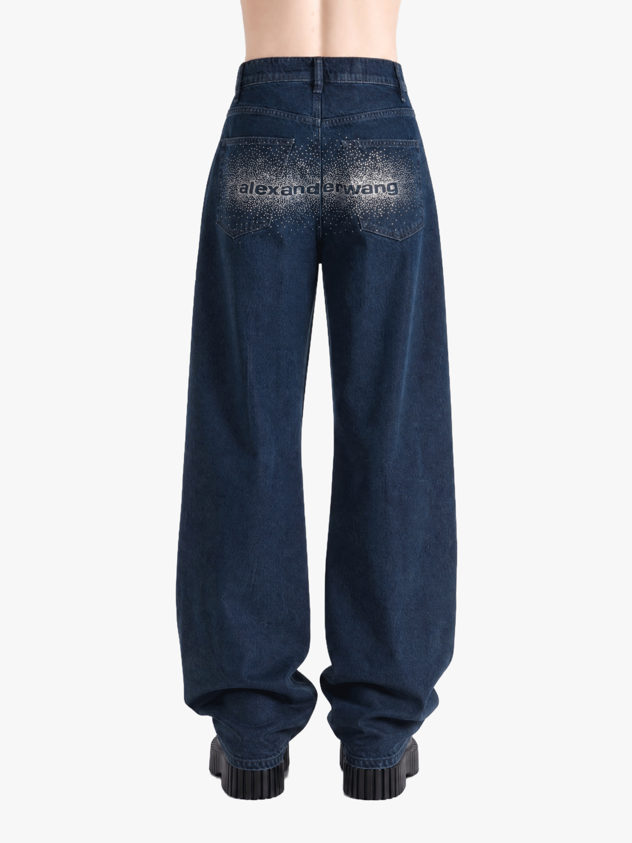 Navy jeans, full body view