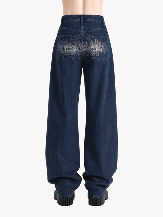 Navy jeans, full body view