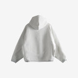 Grey hoodie, back view showing relaxed fit