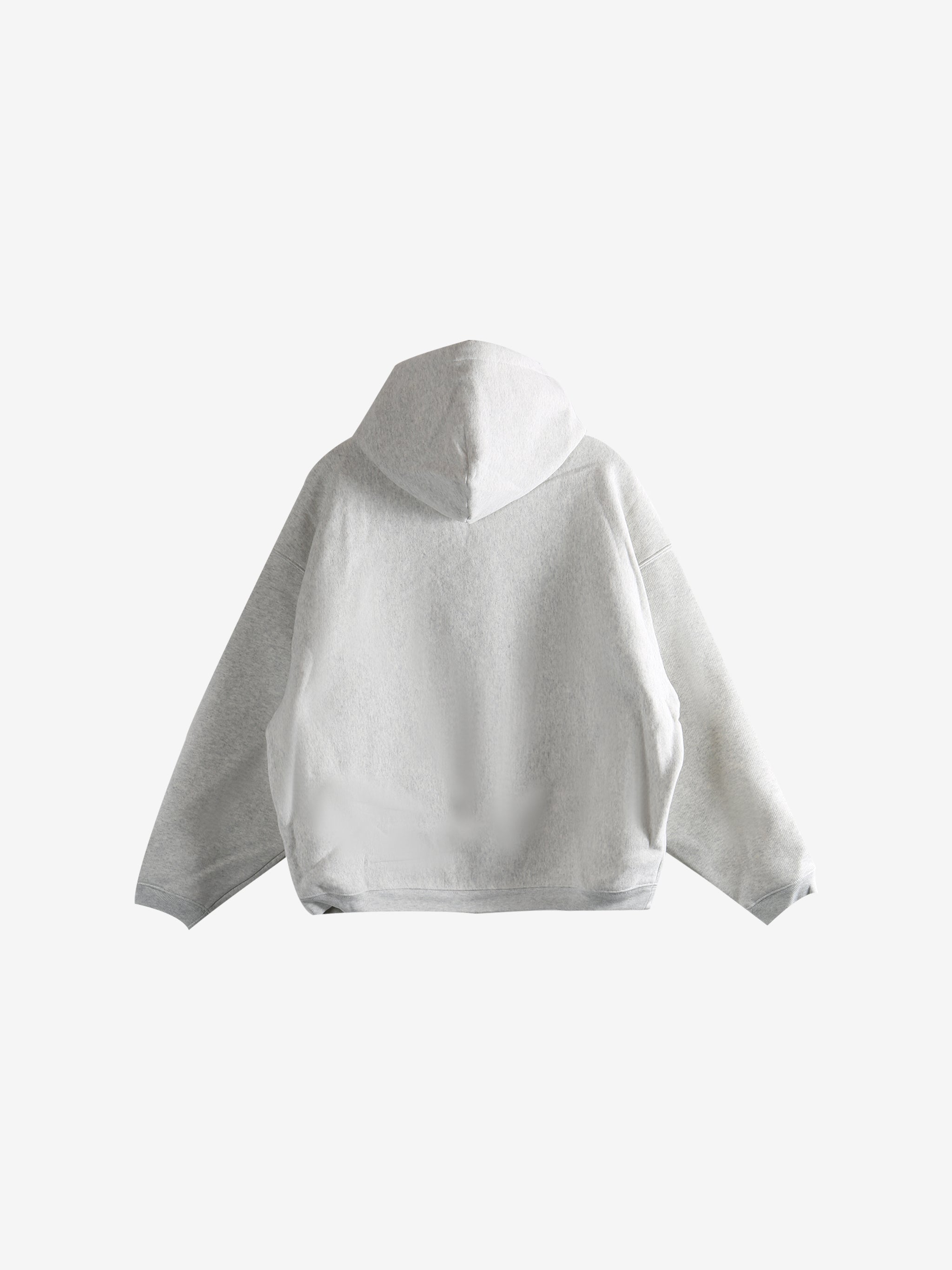 Grey hoodie, back view showing relaxed fit