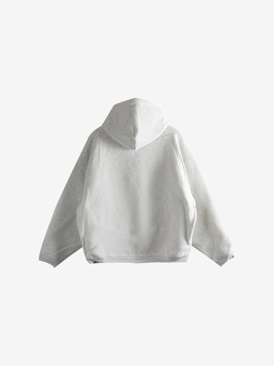 Grey hoodie, back view showing relaxed fit