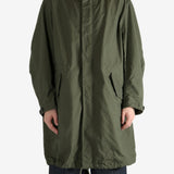 Green coat worn by a person, showing the coat fit