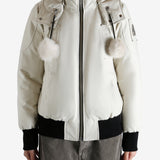 White bomber worn by a person, showing the bomber fit