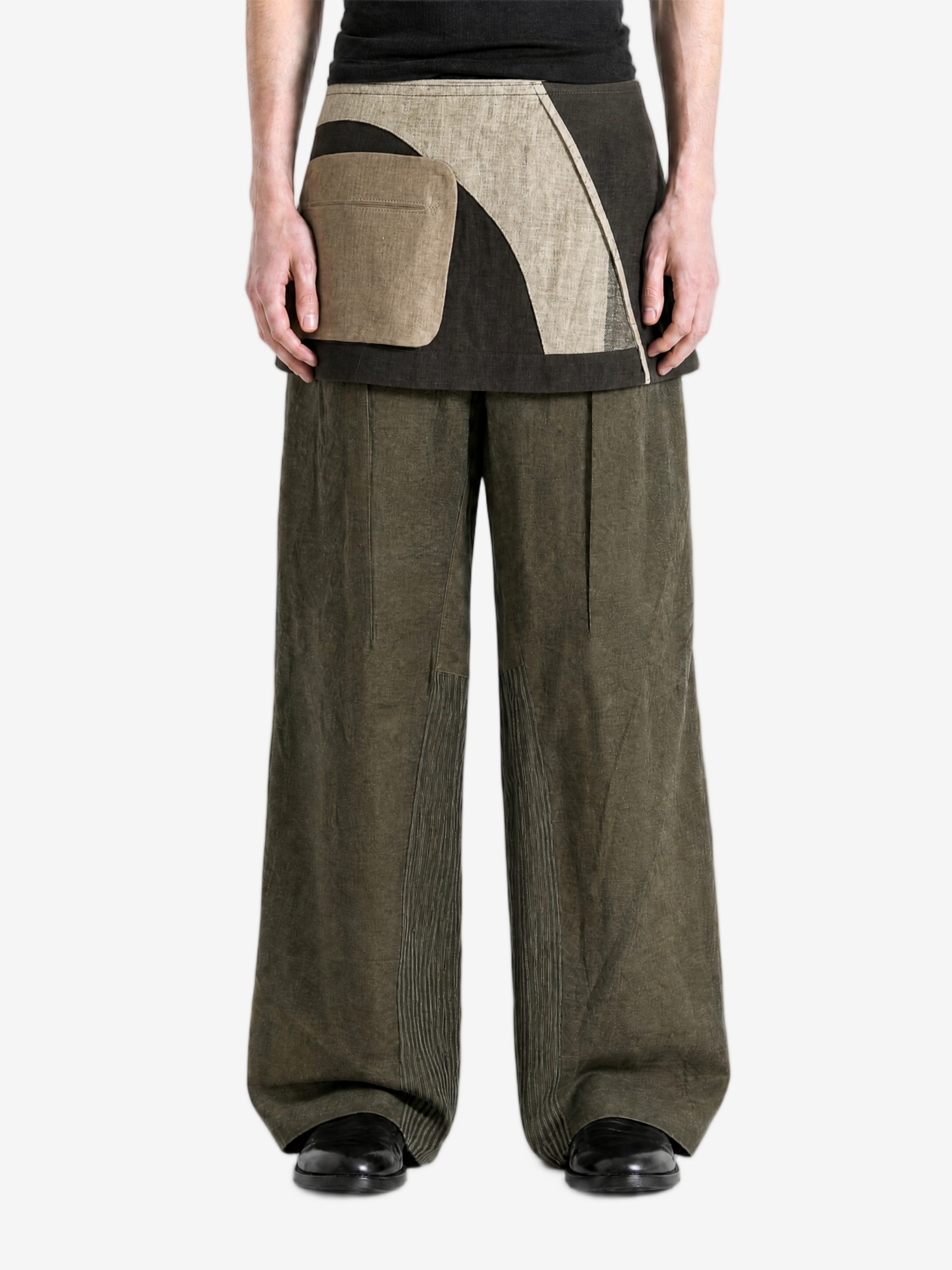 Green pants, full body view