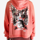 Red hoodie worn by a person, showing the hoodie fit