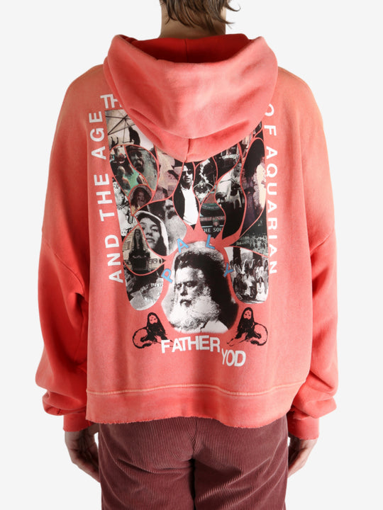 Red hoodie worn by a person, showing the hoodie fit