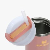 Close up of pink tumbler, showing texture of the stainless steel fabric