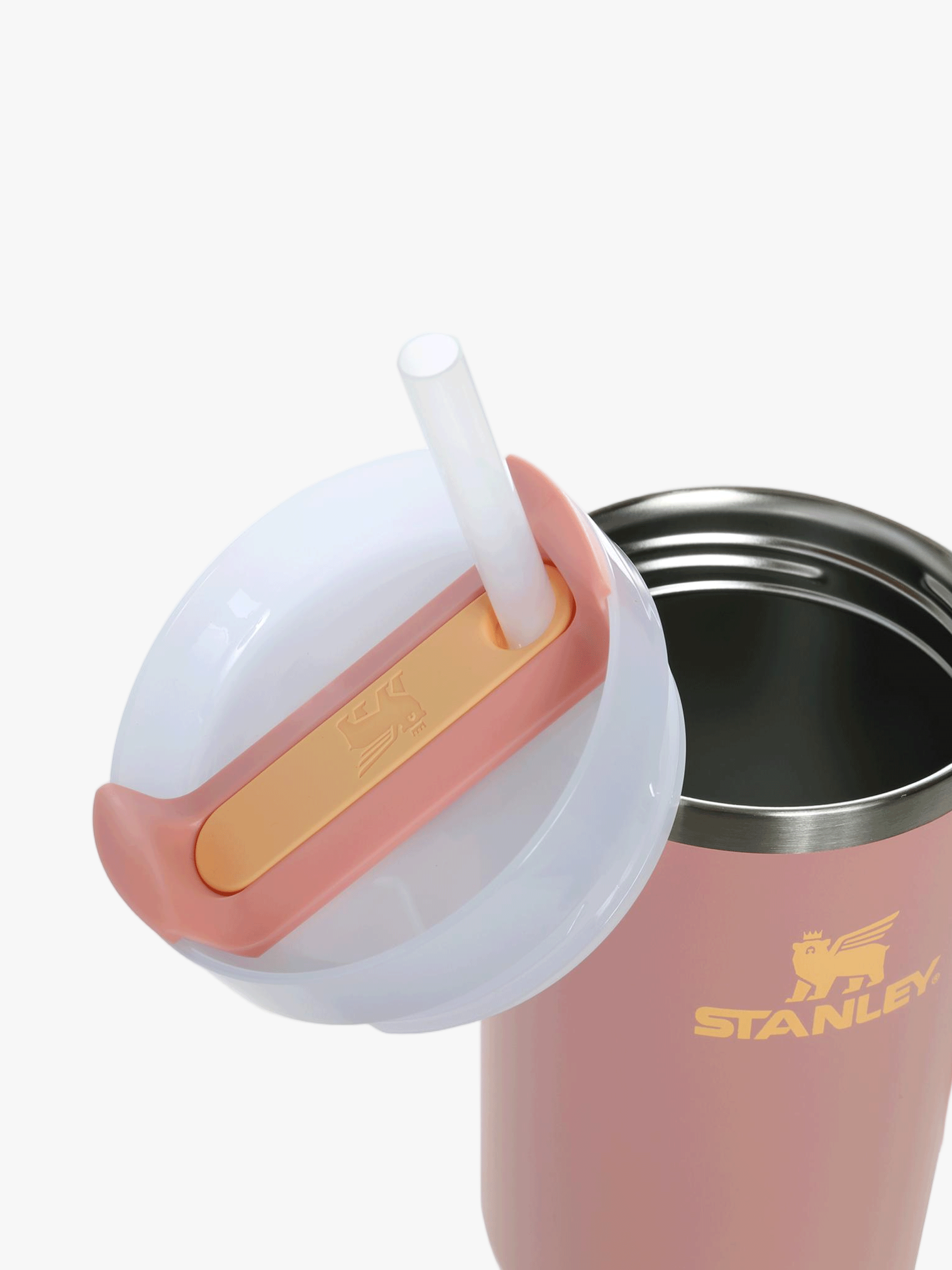 Close up of pink tumbler, showing texture of the stainless steel fabric