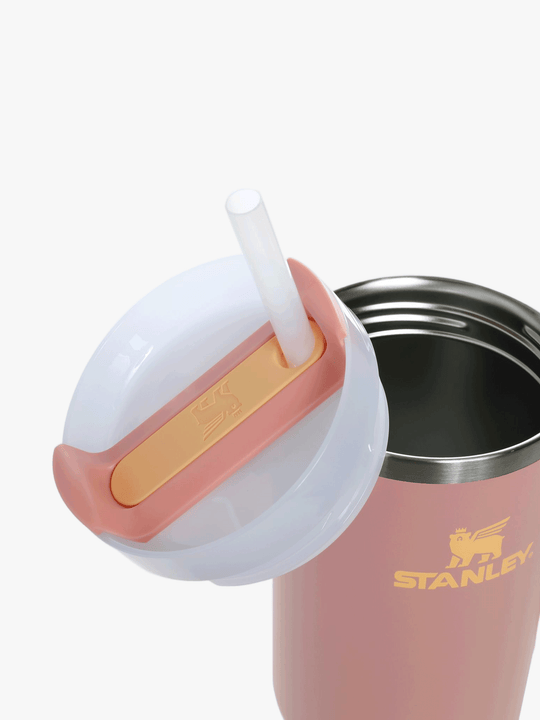 Close up of pink tumbler, showing texture of the stainless steel fabric