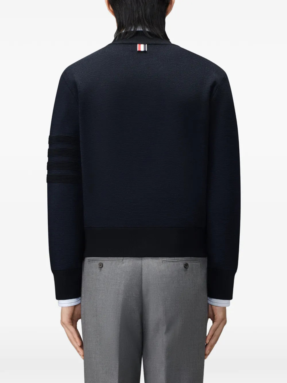 Navy jacket, full body view